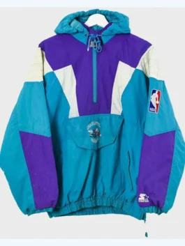 Close-up image of a Charlotte Hornets Starter jacket pullover. This vintage Charlotte Hornets Starter jacket highlights the teal, purple, and white color-block design, the front pouch with the embroidered logo, and the NBA and Starter jackets Hornets logos.