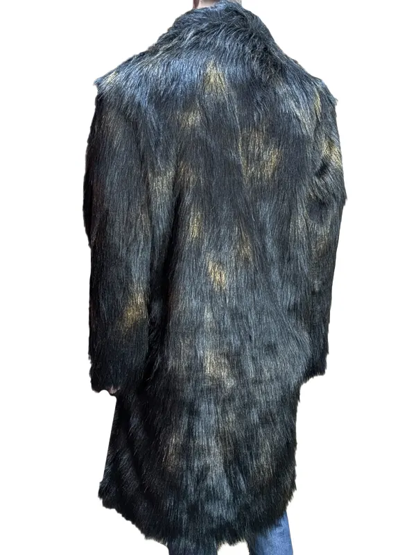 A man from the back wearing the long, shaggy dark brown fur coat, highlighting its length and shaggy texture.