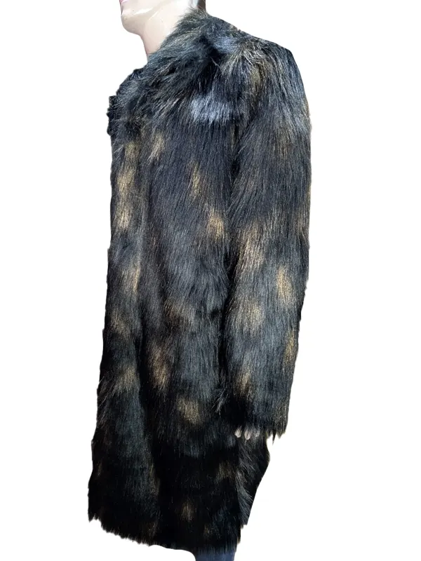 Detailed view of the dark brown faux fur texture and chunky wooden toggle buttons on a long coat.
