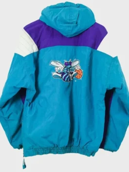 Detailed back close-up of the NBA Starter Charlotte Hornets Pullover Hooded Jacket. The image focuses on the large, embroidered original Hornets logo on the back, which is characteristic of the highly sought-after vintage Hornets Starter jacket and hornets windbreaker.