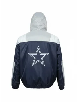 Back side of a Dallas Cowboys Starter Jacket displaying large embroidered Cowboys text and the team star across the shoulders in a classic 90s retro style.