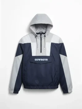 Front view of a vintage Dallas Cowboys Starter Jacket featuring the iconic blue and silver team colors with the official star logo embroidered on the chest.