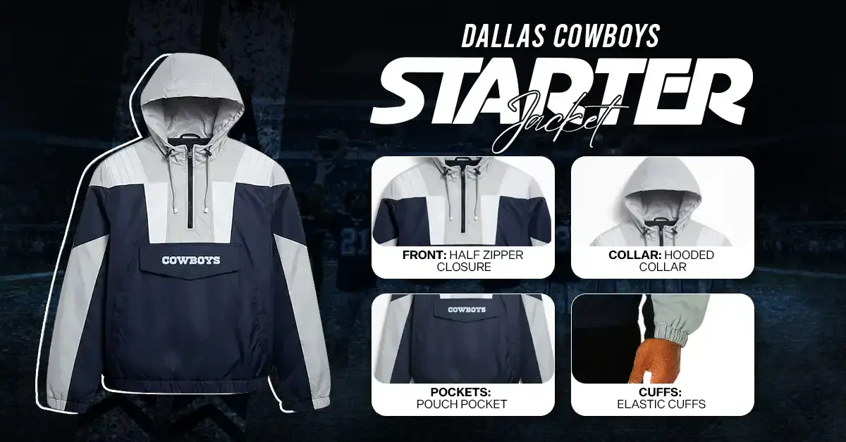 Classic Dallas Cowboys Starter Jacket in navy blue and silver with a white star logo on the chest, vintage satin finish, and comfortable quilted lining.