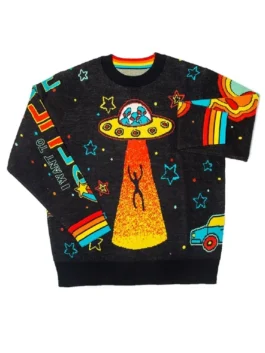 Flat lay of the Noel Fielding multicolored alien printed sweater showing the UFO, abduction beam, car, and rainbow cuffs. Noel Fielding ufo sweater.