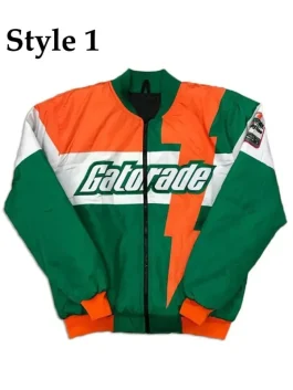 Gatorade jacket Style 1: green, white and orange club racer bomber jacket with bold lightning bolt graphic