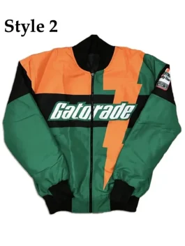 Gatorade jacket Style 2: green, black and orange club racer bomber jacket featuring lightning bolt design