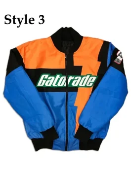 Gatorade jacket Style 3: blue, black and orange club racer bomber jacket with prominent lightning bolt graphic