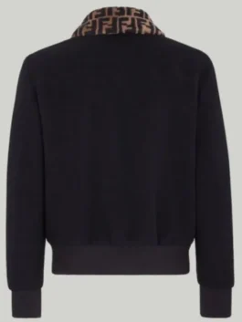 Back view of the Fendi Black Jacket featuring the distinctive Fendi logo (monogram) collar. This is the Katt Williams Fendi black jacket style, showing the clean rear design and ribbed hem/cuffs. A view of the Katt Williams Fendi bomber jacket design.