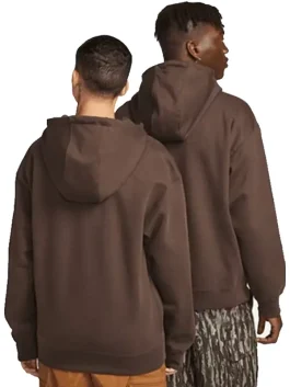Two models wearing brown Nike Jarritos hoodie viewed from the back