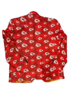 Back view of Kansas City Chiefs blazer featuring red camo pattern and team logos, perfect chiefs suit for fans.