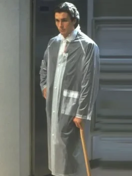 Full-length transparent raincoat, unique clear vinyl material, minimalist design.