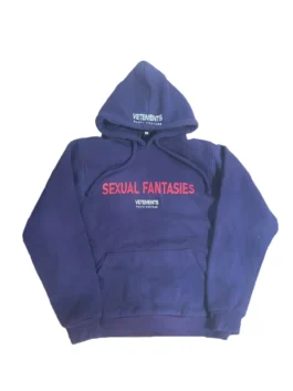 Front view of a black Vetements hoodie with white logo text from America Jackets.