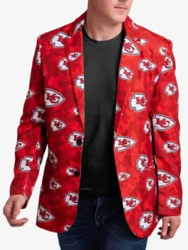 Front view of Kansas City Chiefs blazer styled as a chiefs suit for men, vibrant red design showing team pride.