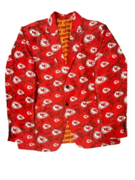 Kansas City Chiefs suit with all-over logo print, stylish chiefs blazer for men who love their team spirit.