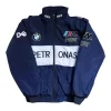 A navy blue BMW Petronas M Power F1 Sauber Team Dell Racing Jacket featuring white Petronas branding, embroidered BMW logos, and M Power patches.