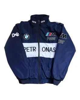 A navy blue BMW Petronas M Power F1 Sauber Team Dell Racing Jacket featuring white Petronas branding, embroidered BMW logos, and M Power patches.