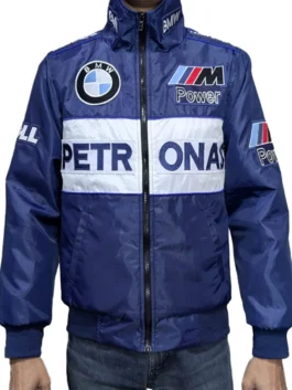 Front view of a BMW Sauber Petronas F1 Team Racing Jacket in navy blue with white accents, Dell sponsorship, and iconic team racing patches.