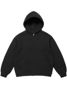 Front view of a premium black zip-up hoodie featuring a minimalist streetwear design.