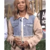 Zuri Hall wearing the stylish Zuri Hall Two Tone Trench Coat on Access Hollywood 2025, showcasing a chic mix of denim and beige fabric for a modern fashion look.