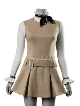 Front view of M3GAN 2.0 movie costume frock worn by Amie Donald, featuring Peter Pan collar, pleated skirt, and belt detail for M3GAN cosplay outfit fans.