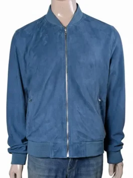 Front view of the blue F1 leather bomber jacket, highlighting its tailored fit and versatile navy colorway.