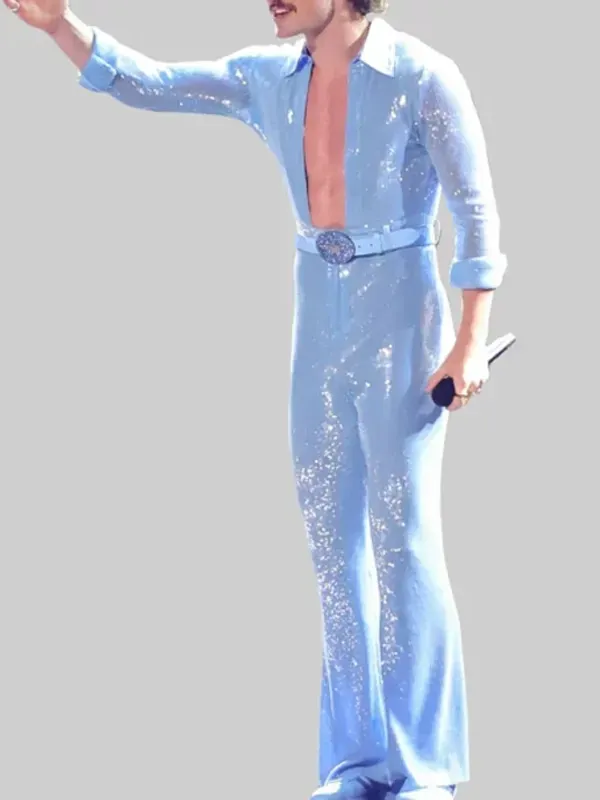 Mark Zuckerberg blue jumpsuit style outfit, men’s blue sequined jumpsuit with sparkle design and wide leg pants, similar to Benson Boone blue jumpsuit.