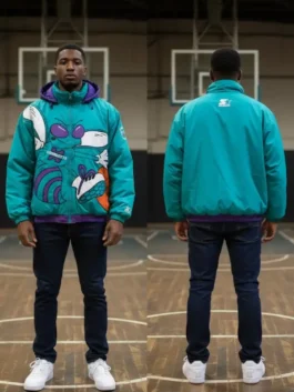 Full body shot of a model wearing the iconic charlotte hornets starter jacket 90s. The image shows both the front, with the large graphic, and the plain back, representing classic vintage NBA jacket and throwback sportswear style.