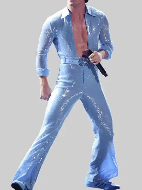 Benson Boone sparkly blue sequin jumpsuit outfit, men’s sequin jumpsuit inspired by Mark Zuckerberg blue jumpsuit look, featuring glitter detailing and flared pants.