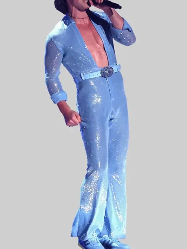 Blue sequin jumpsuit for men, Benson Boone inspired Mark Zuckerberg blue suit style with shimmer finish, long sleeves, and matching belt.