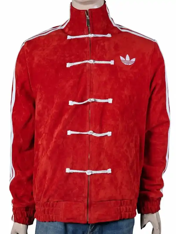 Front view of the Adidas Chinese New Year Red Jacket with a stand-up collar and embroidered logo on a female model.