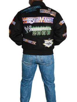Back-Side-Of-The-WrestleMania-1-21-Black-Varsity-Jacket-On-a-Male-Model