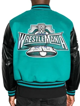 Back-Side-Of-The-WrestleMania-40-Varsity-Jacket-On-a-Male-Model