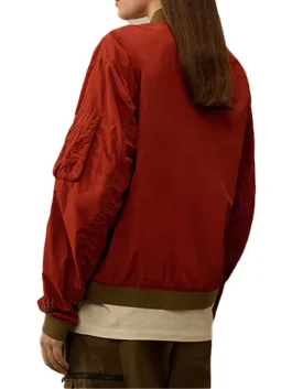 Back-Side-Of-the-Red-Contrast-Flatt-Nylon-Bomber-Jacket-On-a-Female-Model