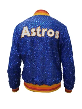 Back view of a bold sequin astros jacket in blue. The word 