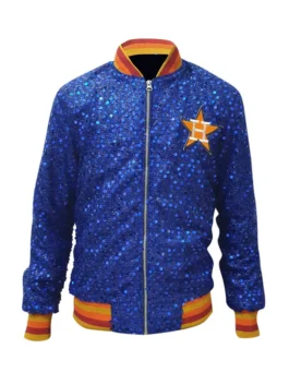 Full-front view of a shimmering blue houston astros women's jacket (bomber style) on a mannequin. It features a zipper closure, the orange and white Astros star logo on the chest, and red and yellow striped trim on the collar, waist, and cuffs.