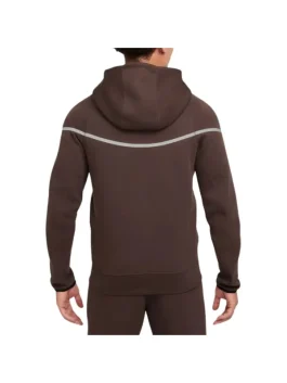 Back side of brown reflective Nike Tech fleece tracksuit with reflective chest line and hood.