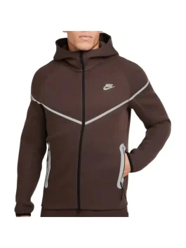 Front view of brown Nike Tech reflective fleece jacket and pants outfit with zip pockets.