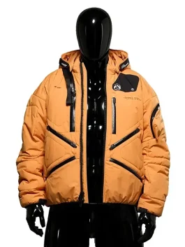 Death Stranding 2 Jacket in orange – front view on black mannequin