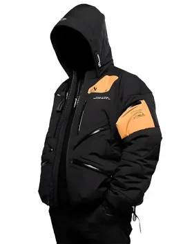 Death Stranding 2 Jacket in black with orange patch – side view on black mannequin