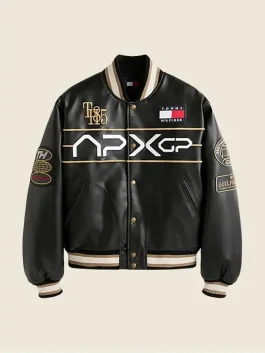 Front-Side-Of-The-APXGP-Damson-Idris-Black-Leather-Varsity-Jacket