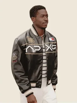 Front-Side-Of-The-APXGP-Damson-Idris-Black-Leather-Varsity-Jacket-On-a-Male-Model
