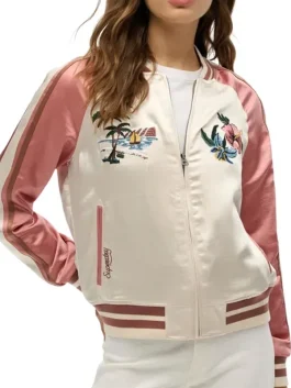 Front-Side-Of-The-Suikajan-Embroidered-bomber-jacket-for-women-on-a-Female-Model