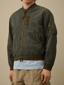 Front-Side-Of-the-Grey-Contrast-Flatt-Nylon-Bomber-Jacket-On-a-Male-Model