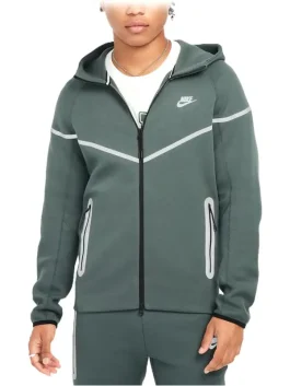 Front side of green Nike Tech reflective tracksuit for men with zip-up jacket and joggers.