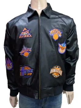 A high-quality black leather jacket featuring collaborative Kith, AVIREX, and New York Knicks basketball patches.
