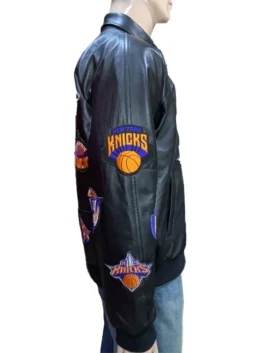Product showcase of the black leather New York Knicks icon jacket with custom sizing options.