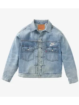 Front of blue denim jacket with Nike logo.