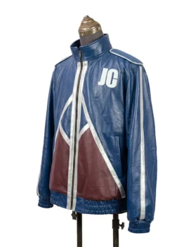 Side view of the blue faux leather Mortal Kombat II Johnny Cage jacket, showcasing the white 