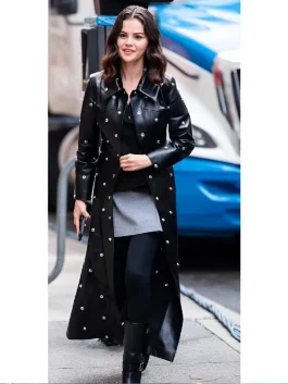 NY 2025 Selena Gomez Black Leather Coat Front
