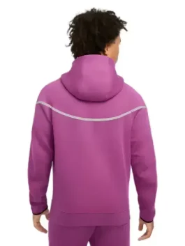 Back view of purple men’s Nike Tech fleece reflective Windrunner full-zip jacket showing reflective line design.